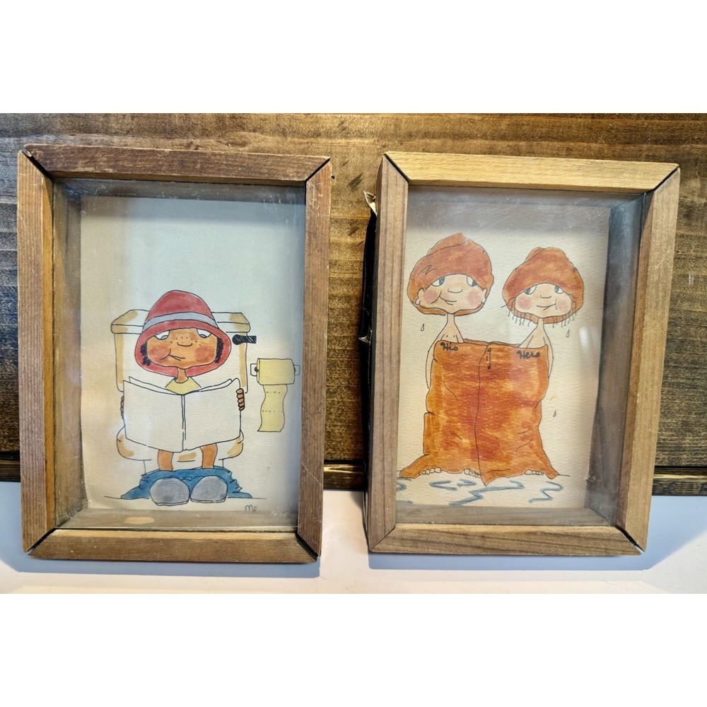 Vintage 1970s Handmade Bathroom Humor Wall Art Pair Wood Shadow Box Signed Mo